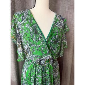 Le Ragazze Green Floral Maxi Dress Made in Italy Smocked Waist Flutter Sleeve